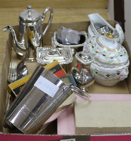 A quantity of mixed silver, silver plate and 2 19th Century pieces of ceramics